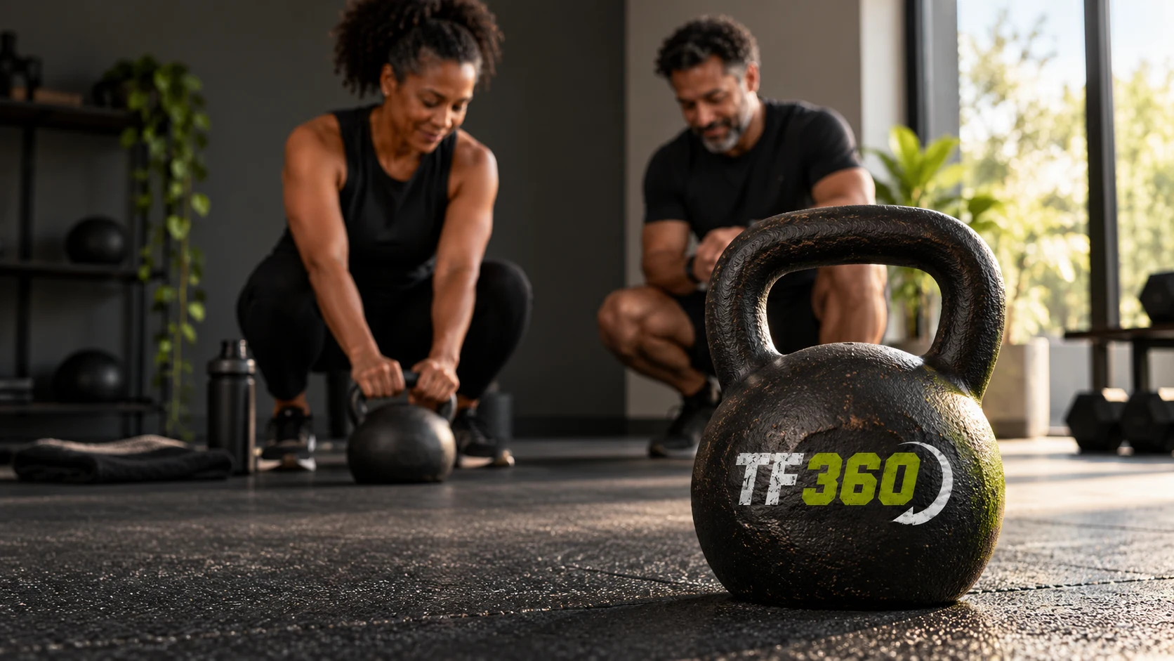 TF360 branded kettlebell in an illustrative training scene